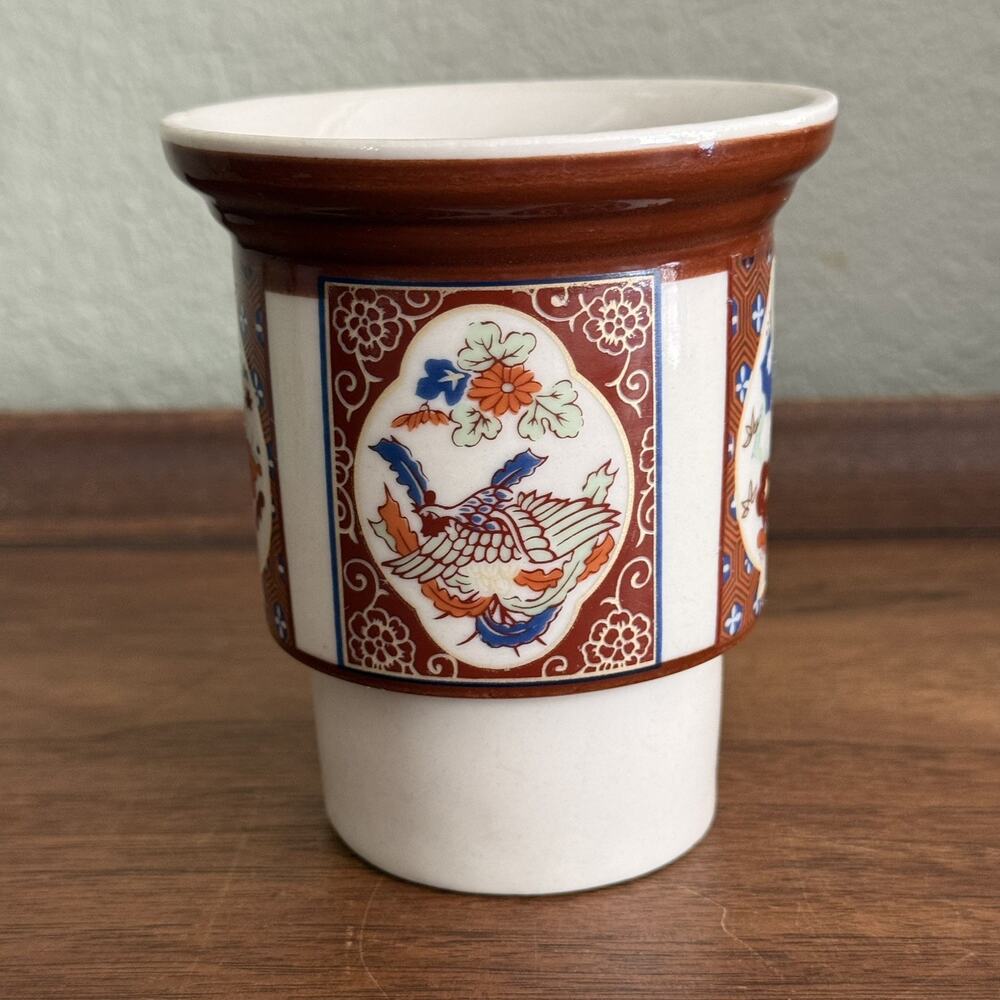 Vintage Japanese Imari Style Ceramic Planter Phoenix Bird Floral Gold Trim 4.5in